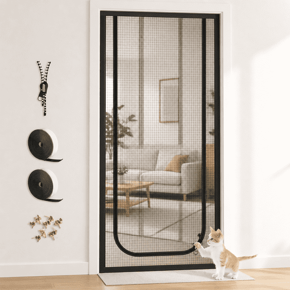 Cat Screen Door Mesh Vinyl-Coated Steel Mesh for Doorways Up to 35 x 80 Inches, Black, Pet-Resistant Material for Sliding and Entry Doors