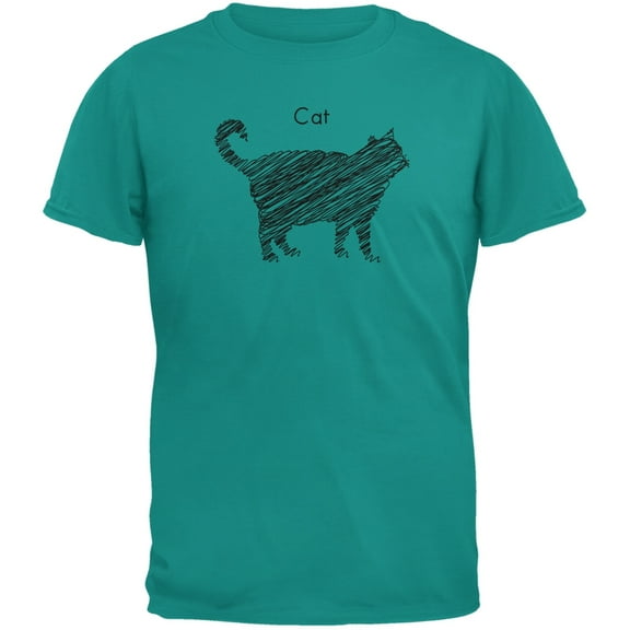 Cat Scribble Drawing Jade Green Adult T-Shirt - Small