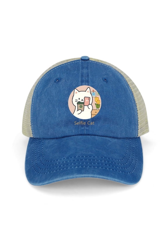 Cat Selfie Dark Blue Baseball Cap for Men Women, Adjustable Snapback Hats Trucker Hat