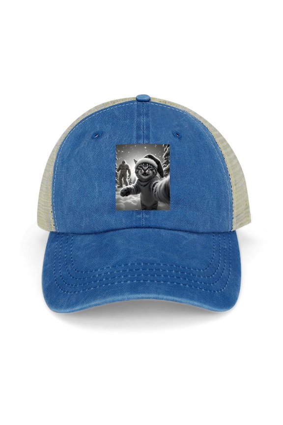 Cat Selfie Dark Blue Baseball Cap for Men Women, Adjustable Snapback Hats Trucker Hat