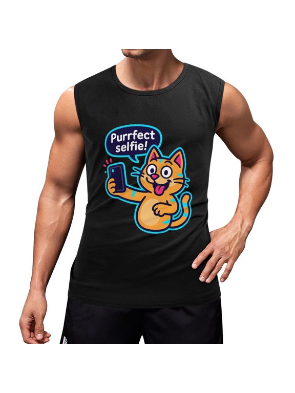 Cat Selfie Men's Tank Top Muscle Workout Gym Sleeveless T-Shirt Medium