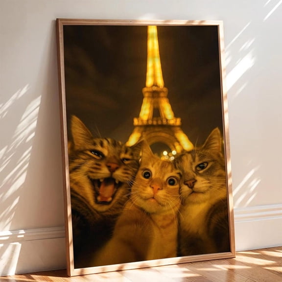 Cat Selfie Paris Art Poster - Eiffel Tower Poster, Unframed Canvas Size 24x36