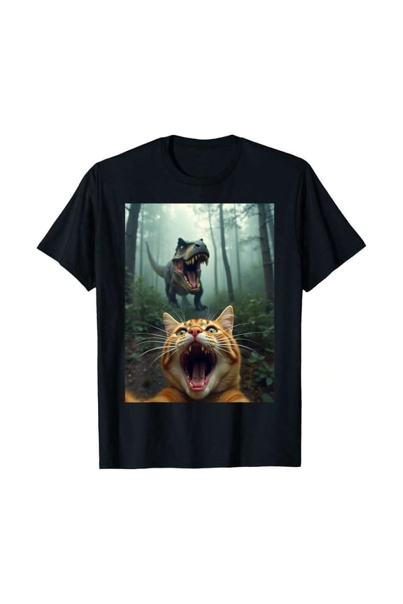 Cat Selfie With T-Rex Dinosaur T-Shirt Print, Outdoor Cotton Tee With Classic Crew Neck, Perfect For Day Excursions, Walking, Camping, And Year-Round Use