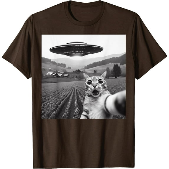 Cat Selfie With Alien UFO Funny Cat Gifts Unisex T-Shirt for Men Women Kids Toddler,Dark Chocolate Color,Size YM