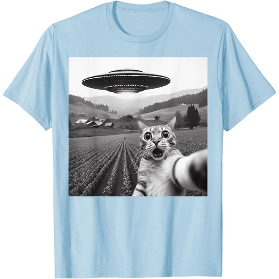 Cat Selfie With Alien UFO Funny Cat Gifts Unisex T-Shirt for Men Women Kids Toddler,Light Blue Color,Size 5/6