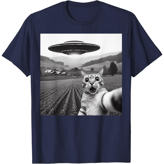 Cat Selfie With Alien UFO Funny Cat Gifts Unisex T-Shirt for Men Women Kids Toddler,Navy Color,Size 2T