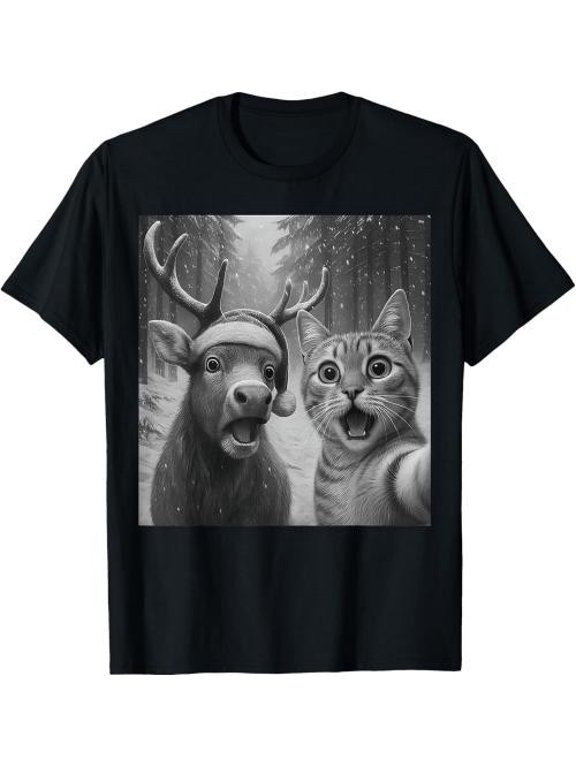 Cat Selfie With Reindeer Christmas T-Shirt