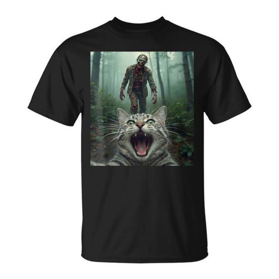 Cat Selfie With Zombie Horror T-Shirt Size S-5XL