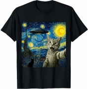 Greenink Cat Selfie with Alien UFO Starry Night Van Gogh Cat Lover Funny Gifts for Unisex Men Women Kids T-Shirt