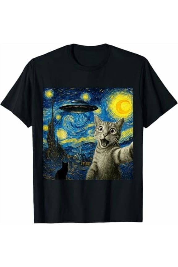 Cat Selfie with Alien UFO Starry Night Van Gogh Cat Lover Funny Gifts for Unisex Men Women Kids T-Shirt