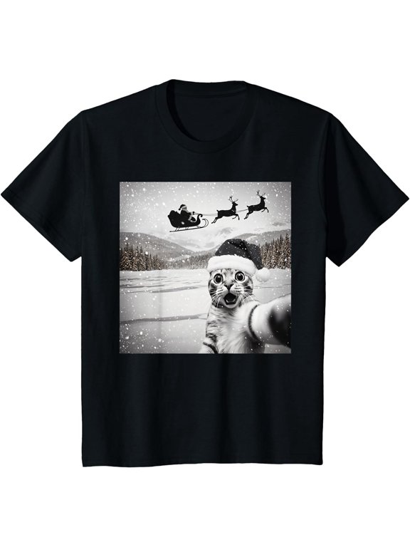 Cat Selfie with Santa Funny Christmas for Men Women Kids T-Shirt, 180gsm, 100% Cotton