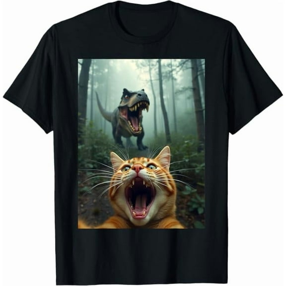 Cat Selfie with T-Rex Dinosaur Funny Cat Lover Gifts for Unisex Men Women Kids T-Shirt
