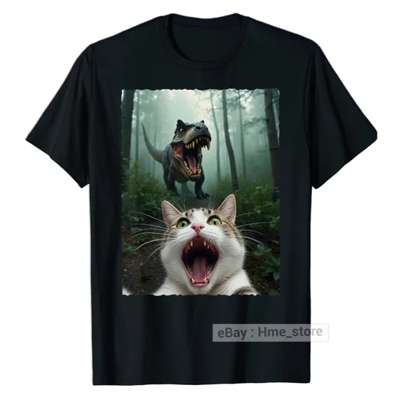 Cat Selfie with T-Rex Dinosaur T-Shirt Funny Graphic Cat Lovers Kitten Dino Tee