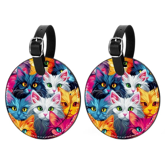 Cat Set of 2pcs PU Leather Round Suitcase Tags with Privacy Cover and Name ID Tag - Ideal for Travel Luggage, Handbags, Backpacks, School Bags