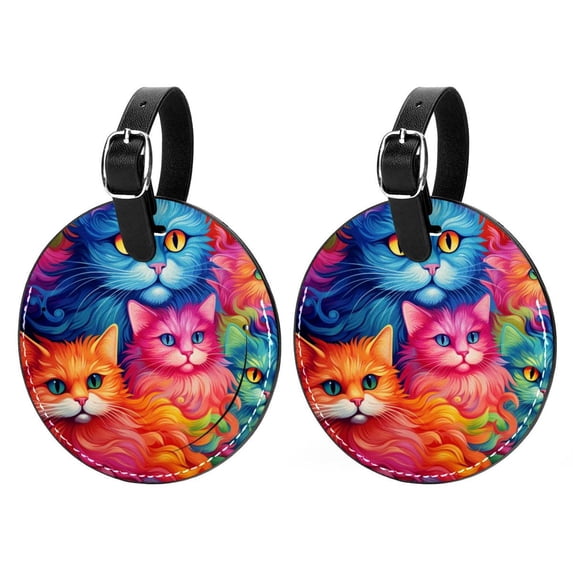 Cat Set of 2pcs PU Leather Round Suitcase Tags with Privacy Cover and Name ID Tag - Ideal for Travel Luggage, Handbags, Backpacks, School Bags