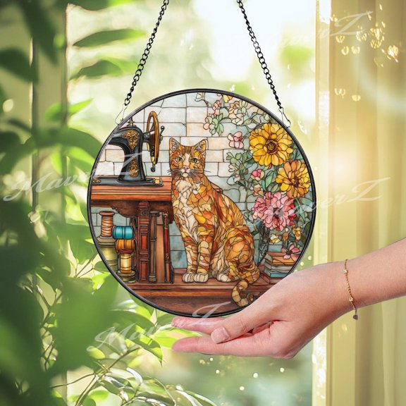 Cat & Sewing Machine Suncatcher, Floral Glass Window Decor, Quilter Decor, 3.5 in