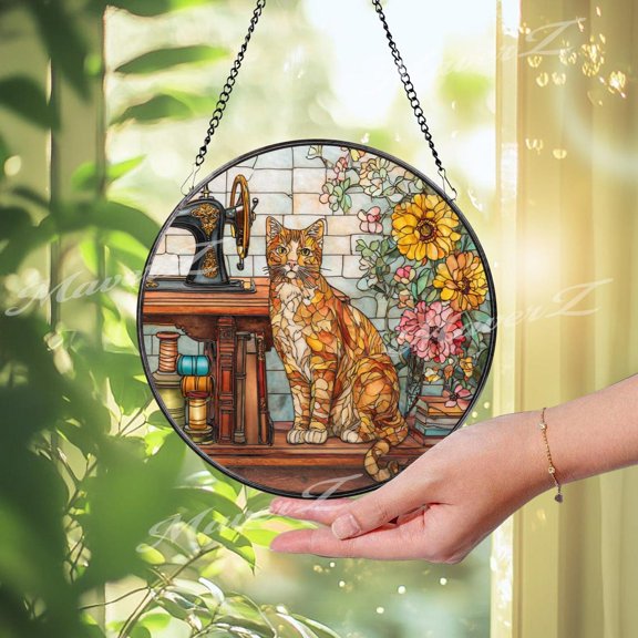 Cat & Sewing Machine Suncatcher, Floral Glass Window Decor, Quilter Decor, 3.5 in