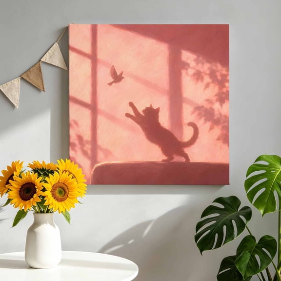 Cat Shadow Canvas Wall Art, Country Minimalist Pink Window Grid Flying Bird Shadow Painting Pictures Print Framed Canvas Wall Decor Artwork Decorations Ready to Hang for Living Room Bedroom 8"x8"