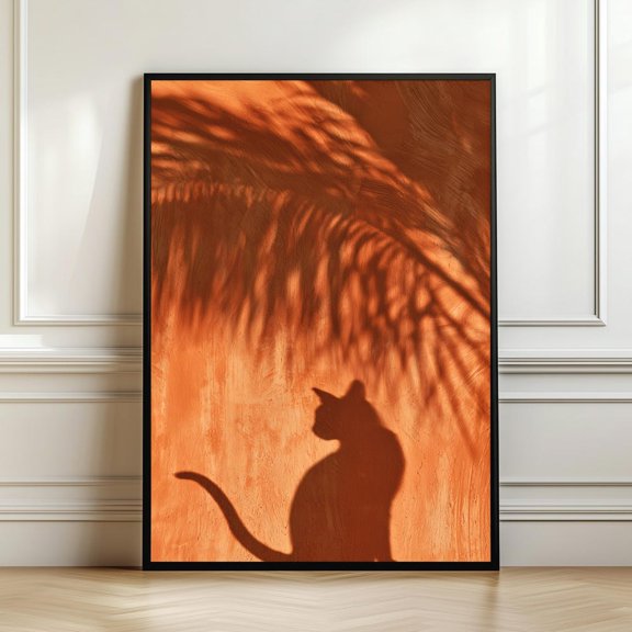 Cat Shadow Poster, Botanical Shadow, Minimal Boho, Warm Earth Tone, Mediterranean, Cat Lover for Living Room and Bedroom Gallery Display