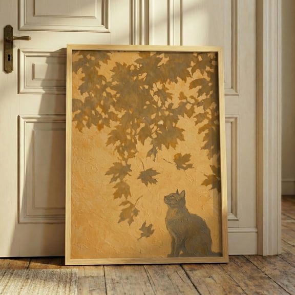 Cat Shadow Sunlit Botanical Warm Minimalist Golden Hour Leaf Silhouette Cat Lover Poster , Poster Print Only