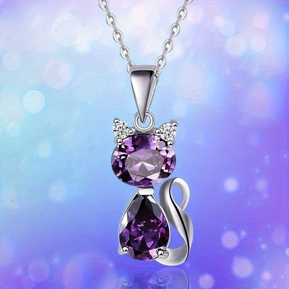 Cat Shape Alloy Rhinestone Pendant Necklaces Platinum Purple Velvet 17.72 inch(45cm)