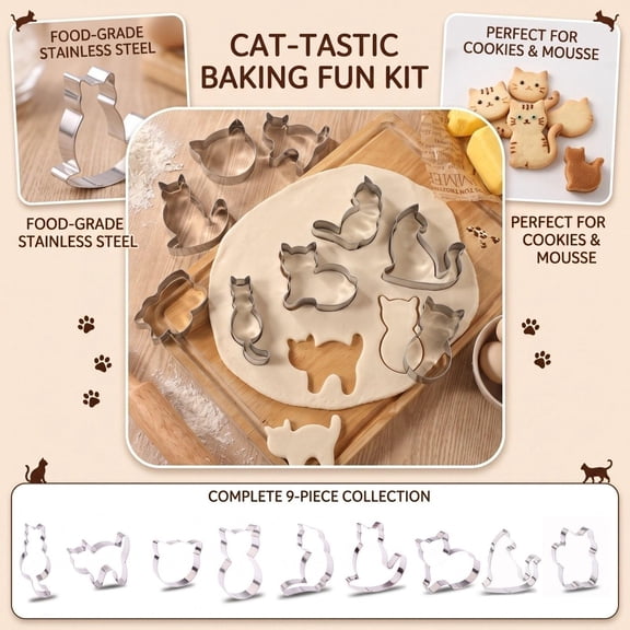 Cat Shape Cookie Cutters 9 Piece Stainless Steel Set, Cute Kitten Baking Molds for Homemade Treats, Pet Party Baking Supplies for Home Bakers and Cat Lovers