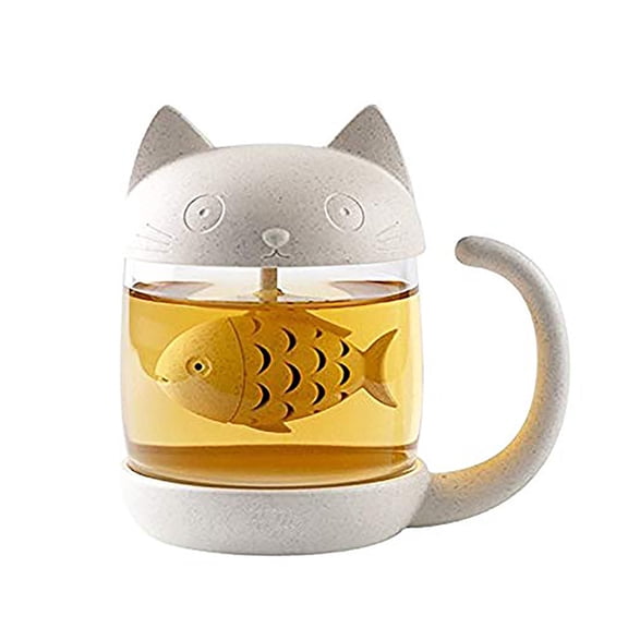 Cat Shape Tea Infuser Mug with Lid, Cute Glass Teapot with Fish Strainer for Loose Leaf Tea, Kawaii Anime Style Coffee Cup, Novelty Gift for Tea Lovers and Cat Enthusiasts
