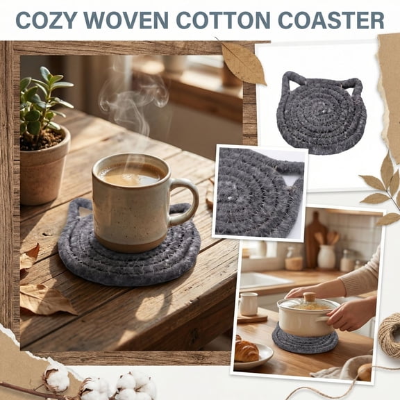 Cat Shaped Cotton Rope Woven Coaster, Heat Insulating Cup Pad for Home Kitchen, Non-Slip Drink Mat, Cute Animal Desktop Decor(Gray)