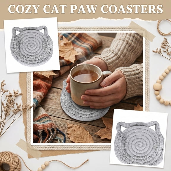 Cat Shaped Cotton Rope Woven Coaster, Heat Insulating Cup Pad for Home Kitchen, Non-Slip Drink Mat, Cute Animal Desktop Decor(Light Gray)