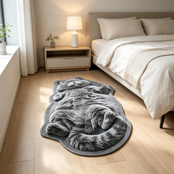 Cat Shaped Fluffy Bath Rug 23.62x15.74 In, Washable Anti-Slip Absorbent Floor Mat, Bathroom Bedroom Entrance Home Decor Gift