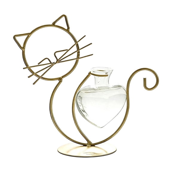 Cat-Shaped Iron Hydroponic Vase with Heart Glass, Decorative Flower Holder for Living Room and Dining Table