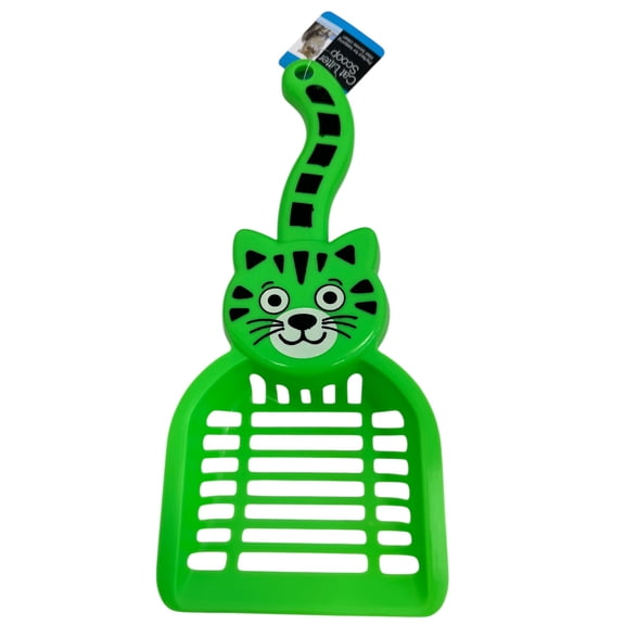Cat-Shaped Litter Scoop, 11 3/8" Long and 5" Wide, Unique Cat Face and Tail Handle, Durable Plastic, Large Hanging Hole, Perfect for Easy Litter Box Cleaning, Green