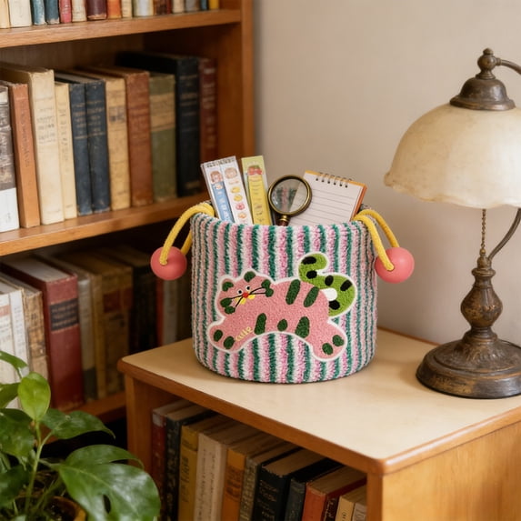 Cat Shaped Storage Basket, Cotton Fabric Desktop Organizer Bin with Handle, Small Decorative Catch-All for Toys Snacks Entryway, Pink and Green, 8 Inch Cube
