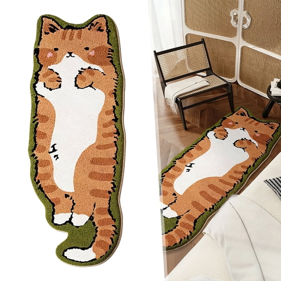 Cat Shaped Tufted Rug, Soft Absorbent Washable Floor Mat, 15.7x47.2in Irregular Non Slip Bedside Carpet for Bedroom Bathroom Living Room