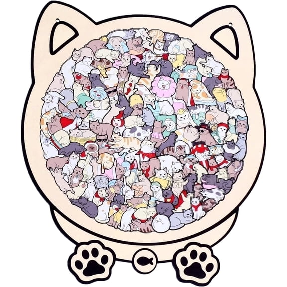 Cat Shaped Wooden Jigsaw Puzzle Irregular Morandi Colors with Acrylic Cover for Adults Home Decor