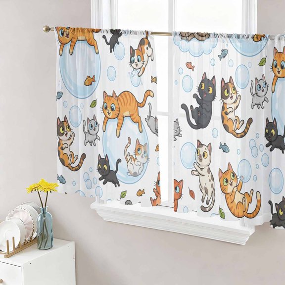 Cat Sheer Curtains 45 Inch Length 2 Panels Set, Funny Cute Fish Leaves Bubble Voile Window Treatment Rod Pocket Small Kitchen Curtains Drapes for Bedroom 52"x45"x2