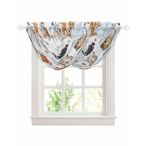 Cat Sheer Waterfall Valance Curtains for Window, Funny Cute Fish Leaves Bubble Rod Pocket Sheer Topper Swag Curtains for Living Room, Kitchen 38.5"W x 47.2"L, 2 Panels
