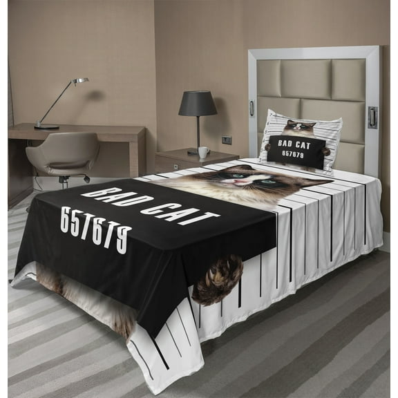 Ambesonne Animal Fitted & Top Sheet Set with Sham, Jail Kitty Under Arrest, Brown Black White