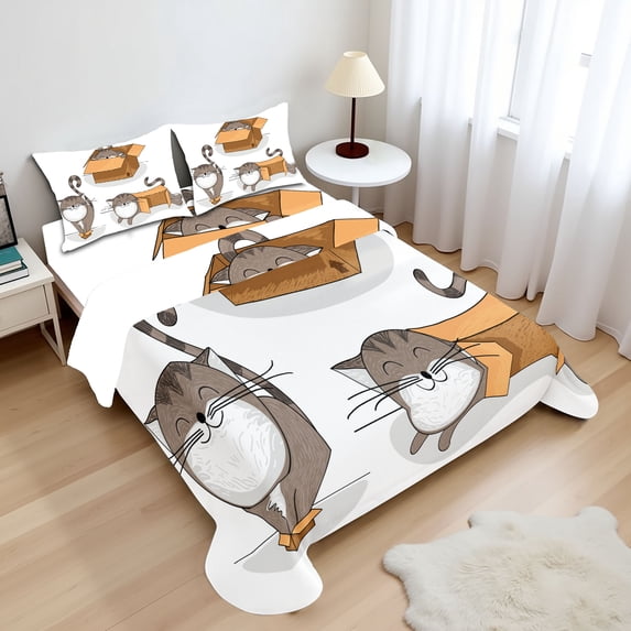 Ambesonne Cartoon Fitted & Top Sheet Set with Shams, Kitten Cat in the Box, Sand Brown Warm Taupe