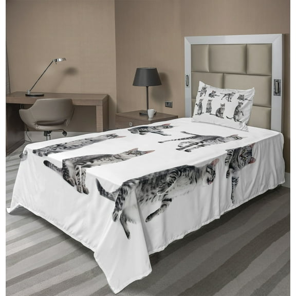 Ambesonne Cat Fitted & Top Sheet Set with Sham, Photos of a Tabby Kitten Print, White Pale Grey