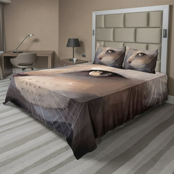 Ambesonne Cream Fitted & Top Sheet Set with Shams, Portrait Kitty Cat Meow, Cream