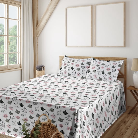 Ambesonne Cat Fitted & Flat Sheet with Shams 4 Pcs Set, Little Kitty Faces Cartoon Art, Full, Rose Dark Grey and White