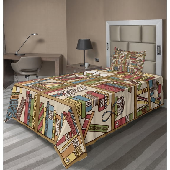 Ambesonne Colorful Fitted & Top Sheet Set with Sham, Nerd Bohem Cat Kitten, Multicolor