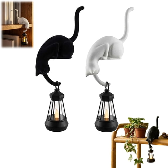 Cat Shelf Hook with Lantern Cat with Lantern Shelf Decor Black Cat Wall Decor with Playful Whimsical Cat Art Rustic Farmhouse Cat Decor Hanging Shelf Accent,Black
