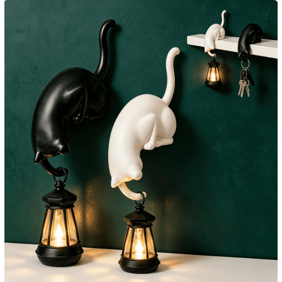 Cat Shelf Hook with Vintage Lantern, Bookshelf Decor, Whimsical Cat Shelf Accent for Bookcases and Reading Nooks a Vintage-Style Library Lantern Adds Character (ALL-2PC)