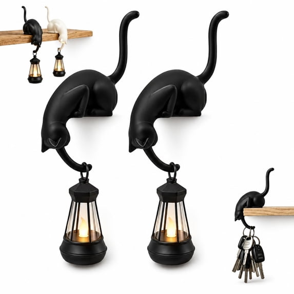 Cat Shelf Hook with Vintage Lantern,Bookshelf Lantern Light,White | Resin Cat Shelf Sitter,Stable Edge-Sitting Design,Wall-Mounted Key Hook for Reading Corners & Entryway Hallway Dercor