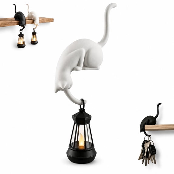 Cat Shelf Hook with Vintage Lantern,Bookshelf Lantern Light,White | Resin Cat Shelf Sitter,Stable Edge-Sitting Design,Wall-Mounted Key Hook for Reading Corners & Entryway Hallway Dercor
