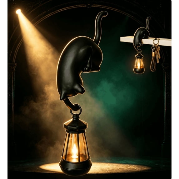 Cat Shelf Hook with Vintage Lantern, Cat with Lantern Shelf Decor, Hanging Shelf Decoration Model with Ghost Lantern LED Reading Ghost Night Light, Halloween Decor (Black)
