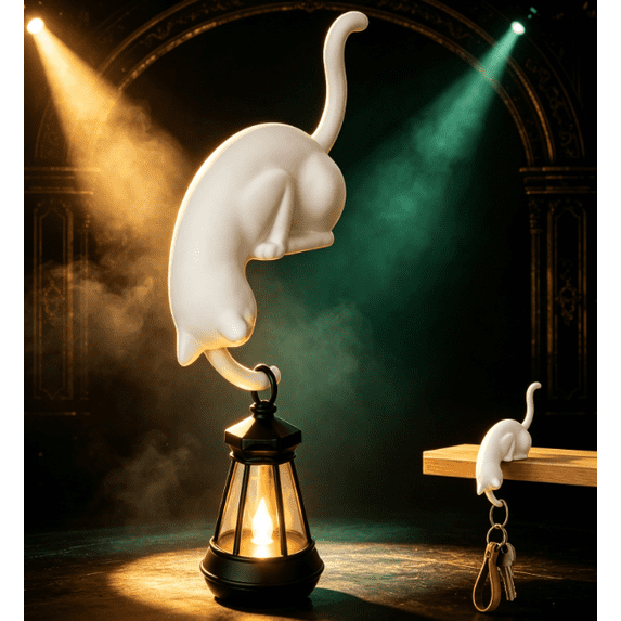 Cat Shelf Hook with Vintage Lantern, Cat with Lantern Shelf Decor, Hanging Shelf Decoration Model with Ghost Lantern LED Reading Ghost Night Light, Halloween Decor (White)
