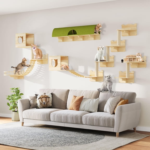 Cat Shelves For Wall 18-in-1 Solid Wood Mounted With Tunnel Steps & Bridge Ladder Multi-level Climbing System Space Saving Floating